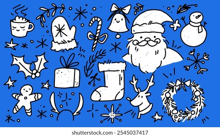 Whimsical Christmas winter doodle set. Handdrawn icons of snowmen, Santa, reindeer, gifts, snowflakes, and holiday ornaments.