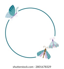 Whimsical circular turquoise border decorated with adorable hand-drawn butterflies and moths in blue and purple tones. Perfect template for children's invitations, spring or summer designs, baby shower greeting cards, and photo frames. Isolated vector illustration.