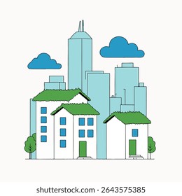 A whimsical cityscape featuring houses with green roofs alongside modern skyscrapers under a cloudy sky, rendered in a clean, illustrative style.
