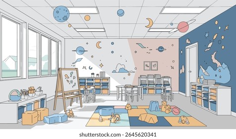Whimsical Classroom Decoration with Celestial Theme and Playful Toys