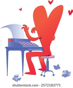 A whimsical clipart featuring a heart-shaped character typing a love letter on a typewriter. Perfect for Valentine's Day designs, greeting cards, and romantic-themed projects.