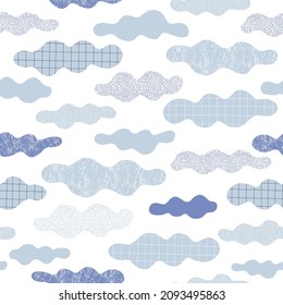 Whimsical clouds in clear sky vector seamless pattern. Childish cloudy skies white background. Scandinavian decorative surface design for nursery and kids fabric.