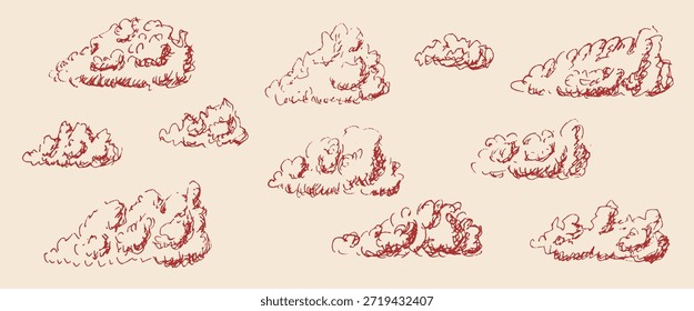 Whimsical clouds hand drawn set. Vintage doodle sketch sky. Retro ink red pencil cloudskape. Vector rough scribble weather illustration isolated on beige background.