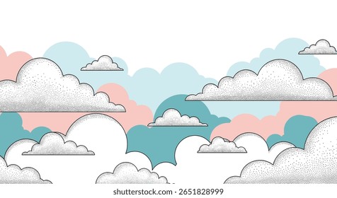 Whimsical cloudscape art with pastel hues and sketchy textures creates a dreamy atmosphere