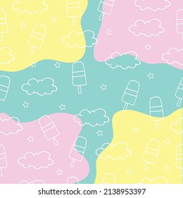 Whimsical Cloudscape: A lively and colorful seamless pattern featuring clouds and ice cream, beautifully illustrated with a white outline for a whimsical and cheerful touch, perfect for vibrant design