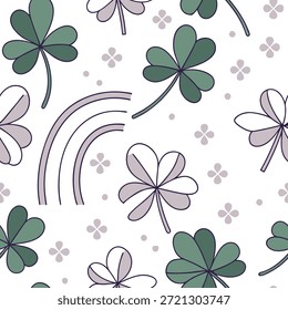 Whimsical clover seamless pattern with playful elements and soft colors on white concept as Playful whimsical clovers with soft pastel colors creating a fun seamless pattern ideal for creative projects in Photo Stock Concept and empty space on the left side,no text --ar 7:2 --tile