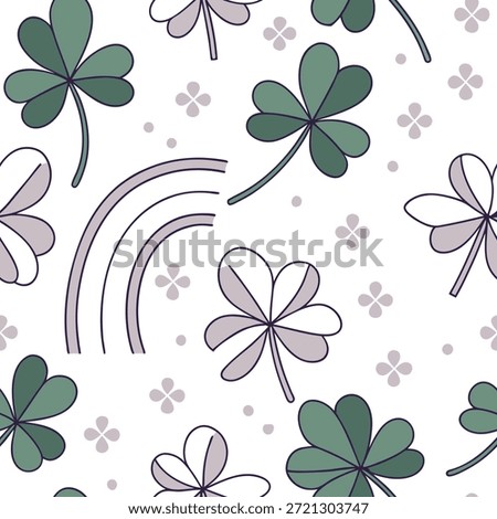 Whimsical clover seamless pattern with playful elements and soft colors on white concept as Playful whimsical clovers with soft pastel colors creating a fun seamless pattern ideal for creative projects in Photo Stock Concept and empty space on the left side,no text --ar 7:2 --tile