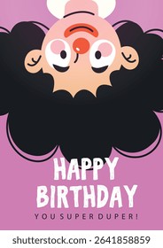 Whimsical clown with expressive eyes, a red nose, and colorful attire on a lively pink background.A vibrant birthday illustration showcasing. 
