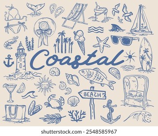 Whimsical coastal hand drawn vector illustrations - collection