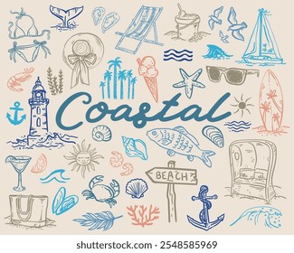 Whimsical coastal hand drawn vector illustrations - collection