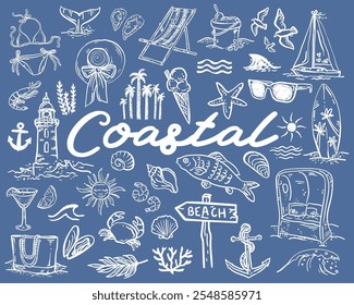 Whimsical coastal hand drawn vector illustrations - collection