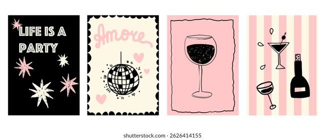 Whimsical cocktail disco music party poster invitation. Hand drawn drink wine food illustration in sketch simple style with disco glitter glass ball With stars.