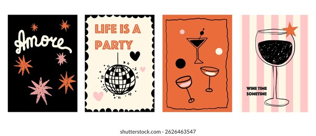 Whimsical cocktail disco music party poster invitation. Hand drawn drink wine food illustration in sketch simple style with disco glitter glass ball With stars.
