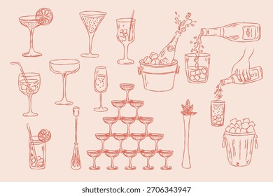 Whimsical cocktail  doodle element set isolated background. Vintage party decoration template.
