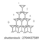 Whimsical cocktail glasses tower, vector outline illustration, sketch for party invitation, martini drinks doodle linework