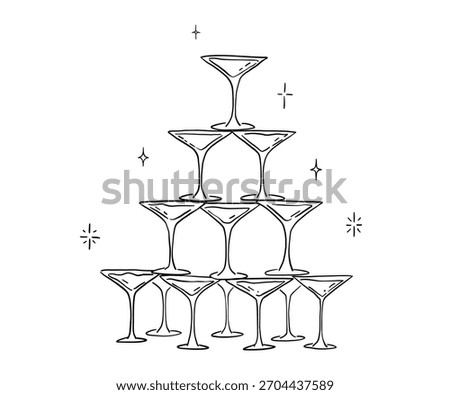 Whimsical cocktail glasses tower, vector outline illustration, sketch for party invitation, martini drinks doodle linework