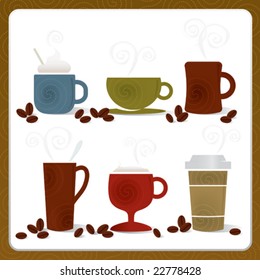 Whimsical Coffee cup illustrations; Swirly and stylized with coffee beans. Easy-edit layered file.