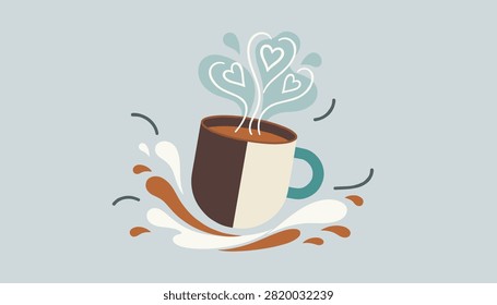Whimsical coffee cup splashes liquid coffee while sweet steam rises to form beautiful hearts in the air.