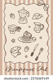 Whimsical coffee lover poster. Coffee club and breakfast club concept. Hand drawn trendy coffee card design. Coffee core kitchen or cafe poster template