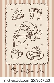 Whimsical coffee lover poster. Coffee club and breakfast club concept. Hand drawn trendy coffee card design. Coffee core kitchen or cafe poster template