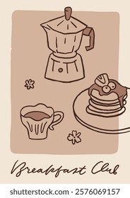 Whimsical coffee lover poster. Coffee club and breakfast club concept. Hand drawn trendy coffee card design. Coffee core kitchen or cafe poster template