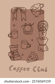 Whimsical coffee lover poster. Coffee club and breakfast club concept. Hand drawn trendy coffee card design. Coffee core kitchen or cafe poster template