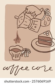 Whimsical coffee lover poster. Coffee club and breakfast club concept. Hand drawn trendy coffee card design. Coffee core kitchen or cafe poster template