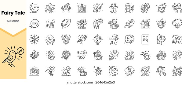 A whimsical collection of 50 fairy tale-themed icons featuring nature, characters, and magical elements, perfect for creative projects and storytelling.