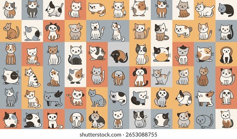Uma coleção extravagante de adoráveis Pixel Art animais com gatos cães e porquinhos-da-índia em uma paleta alegre