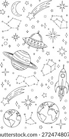 Uma coleção caprichosa de corpos celestes incluindo planetas, foguetes, OVNIs, estrelas e constelações.