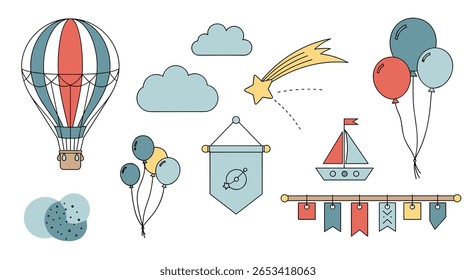 A whimsical collection of childhood delights featuring a hot air balloon and sailing boat