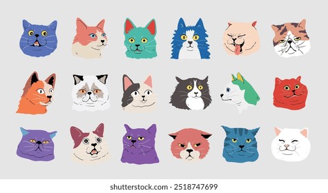 Whimsical Collection of Colorful Cartoon Cats with Diverse Expressions,Cat face head set ,cat breeds portraits collection