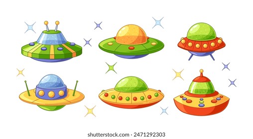 Whimsical Collection Of Colorful Cartoon Flying Saucers. Playful Vector Illustrations Evoke Sense Of Fun And Imagination