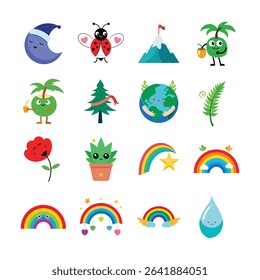 Whimsical Collection of Cute Cartoon Nature Icons Joyful and Vibrant Graphics for Children and Design Projects