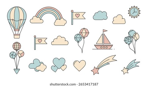 Whimsical collection of dreamlike elements featuring hot air balloons rainbows clouds flags hearts and more