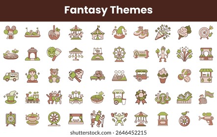 A whimsical collection of fantasy-themed icons featuring carnival attractions, delicious treats, and festive activities, showcasing vibrant colors and playful designs.