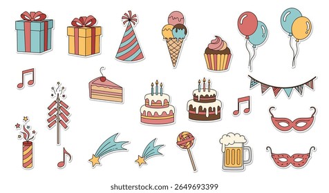 A whimsical collection of festive party elements featuring gifts balloons cakes and decorations for joyful celebrations