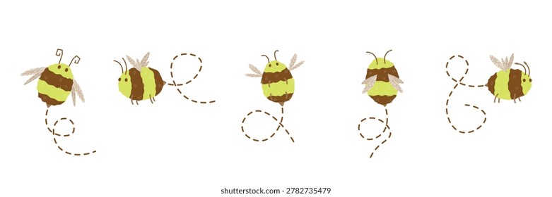 A whimsical collection of five chunky, hand-drawn cartoon bumblebees with dashed flight paths isolated on a white background. Perfect for nursery decor, children's stickers, design elements, and horizontal borders.