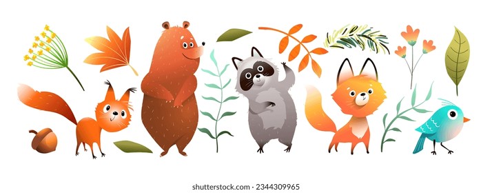 Whimsical collection of forest animals design, fox bear raccoon and squirrel, animal characters for children. Nature leaves and forest design elements, hand drawn vector clipart in watercolor style.