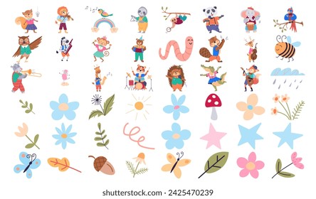 Whimsical collection of illustrated animal musicians paired with delightful nature elements, including colorful flowers, leaves, and whimsical weather icons