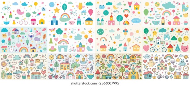 A whimsical collection of pastel-colored doodle elements featuring rainbows, cats, stars, houses, flowers, and nature icons. Perfect for children’s designs, stationery, digital scrapbooking, and playf