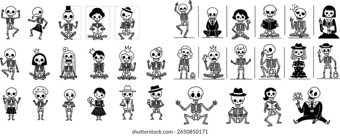 Whimsical Collection of Skeleton Characters in Various Poses and Attire for Halloween or Day of the Dead Celebrations