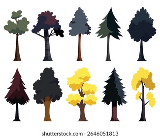 Uma coleção caprichosa de dez árvores únicas de desenhos animados. Essas ilustrações estilizadas apresentam diversas formas, de decíduas a coníferas, e exibem uma paleta de cores divertida.