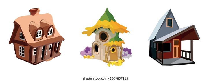 Whimsical Collection of Three Fairy Tale Houses in Different Styles, Brown Cottage, a Hobbit-Inspired Dwelling, andModern Cabin, Ideal for Children's Books, Animations