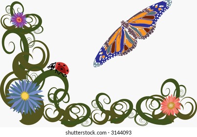 Whimsical and color garden scene vector illustration with flowers, butterfly, ladybug, and stylized grass/plants all on their own layers.