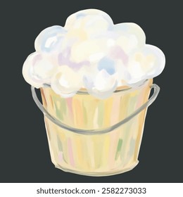 A whimsical, colorful bucket overflowing with soft clouds in pastel shades, ideal for fantasy themed designs, digital storytelling, and dreamy aesthetics.