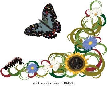 Whimsical, colorful butterfly garden with sunflower (and flowers), grass, caterpillar, and butterfly in vector layers.