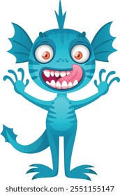 Whimsical, colorful cartoon of a funny blue monster sticking out its tongue and raising its hands cheerfully. Perfect for adding humor to any project