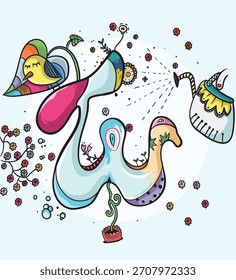 A whimsical colorful doodle featuring various organic shapes a bird and a watering can spraying water.