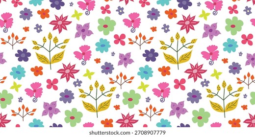 Whimsical colorful flower seamless pattern. Cute floral background for invitation, Wrapping and scrapbook